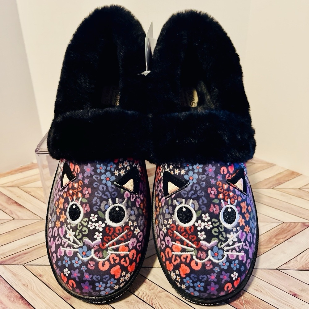 BOBS Skechers Too Cozy Meow Cat Women's 5 Floral Slippers Fur Embroidered Vegan